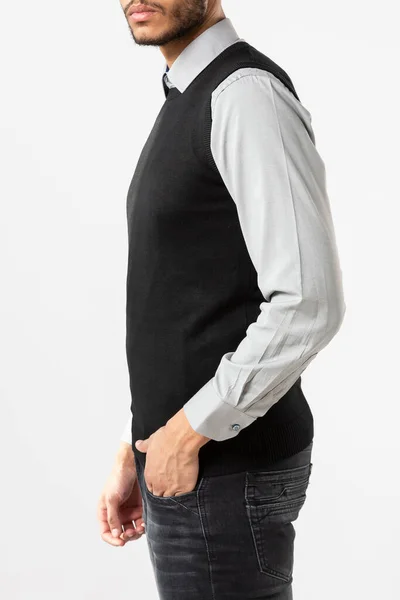 Homem Com Colete Malha Camisa Fundo Branco — Fotografia de Stock