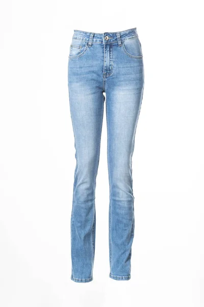 Jeans Azules Mujer Maniquí Fantasmal Aislado Sobre Fondo Blanco —  Fotos de Stock