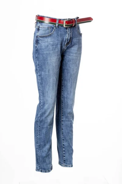 Män Blå Jeans Med Läderbälte Spöklik Skyltdocka Isolerad Vit Bakgrund — Stockfoto