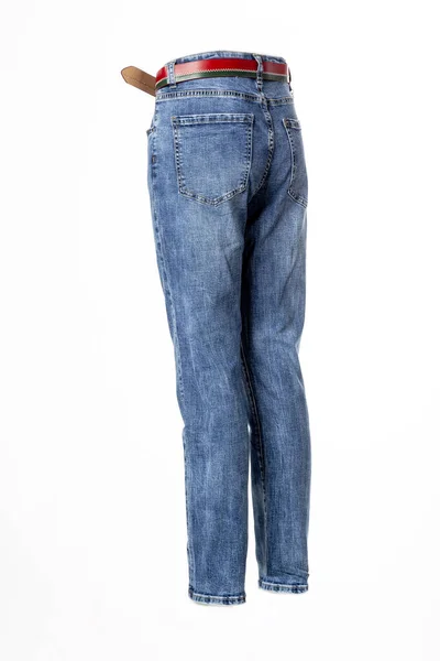 Jeans Azuis Masculinos Com Cinto Couro Manequim Fantasmagórico Isolado Fundo — Fotografia de Stock