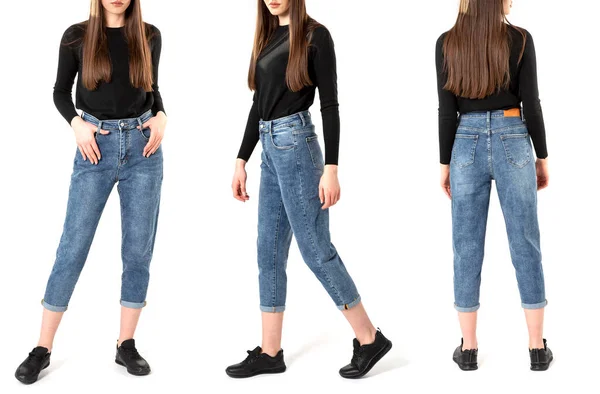 Mädchen Jeans Zeigt Jeans Auf Weißem Hintergrund Nahaufnahme Blaue Jeans — Stockfoto