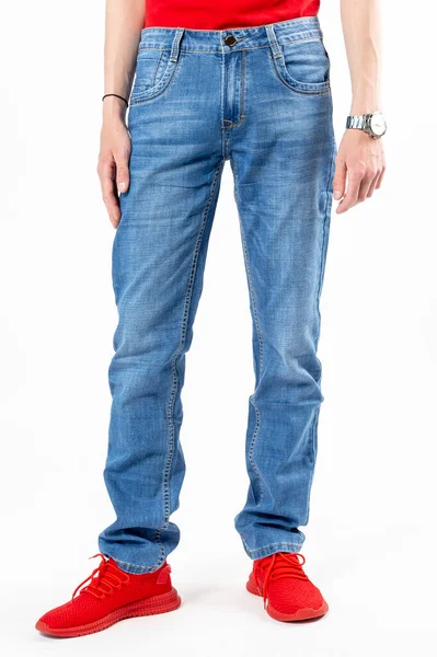 Hombre Jeans Pantalones Vaqueros Primer Plano Sobre Fondo Blanco Pantalones —  Fotos de Stock