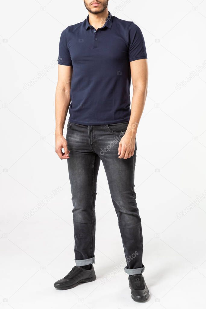 a man in a blue Polo shirt on a white background, a shirt with a place for the inscription, copy space