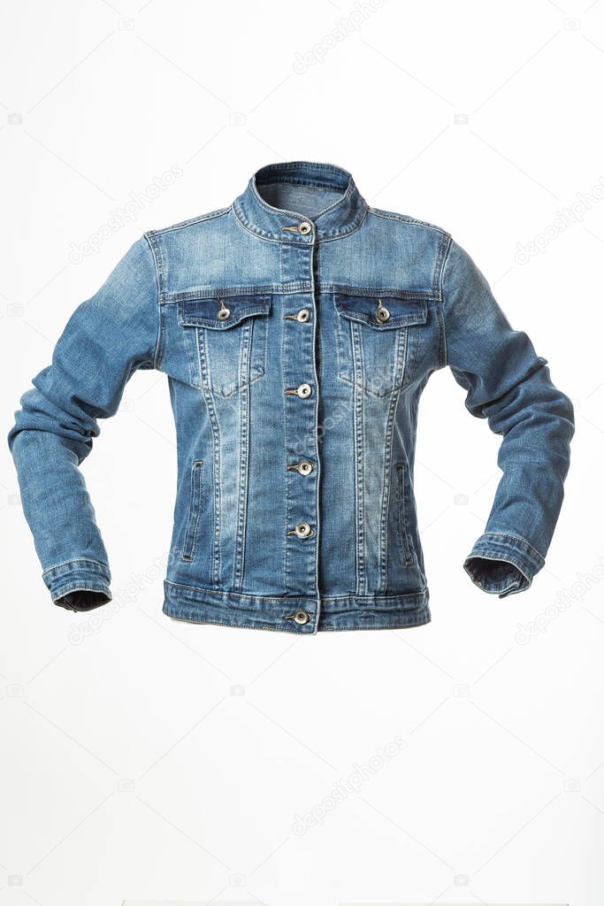 insulated denim jacket on a white background, blue jeans