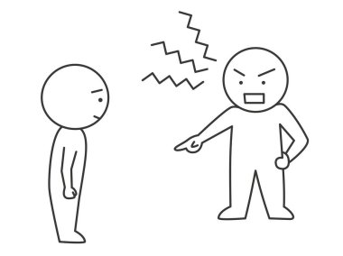 Yüksek sesle bağıran bir kişinin görüntüsü. Müşteri tacizinin basit çöp adam figürü çizimi.