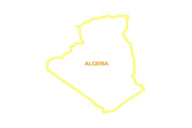 Cezayir ülkesinin minimalist bir taslağı turuncu metinlerle sunulmaktadır. Bu grafikte, ulusun şeklini belirleyen parlak sarı bir sınır var.,