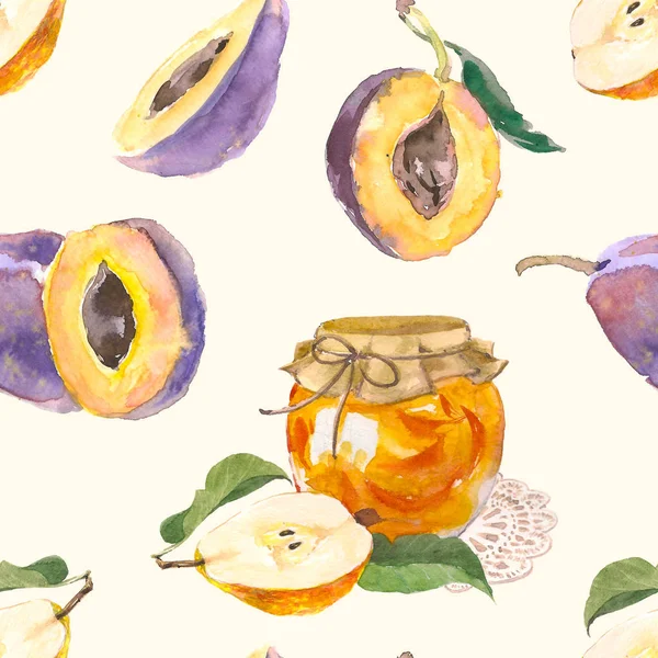 Naadloze patroon van aquarel fruit plum branch- en perenbomen jam geïsoleerd op een lichte achtergrond. Hand getrokken schilderen. voor uw ontwerp, doek, pakket — Stockfoto