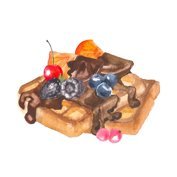 Deliciosos waffles vienenses crocantes com baga e pintura de chocolate por aquarela no fundo branco, ilustração desenhada à mão — Fotografia de Stock