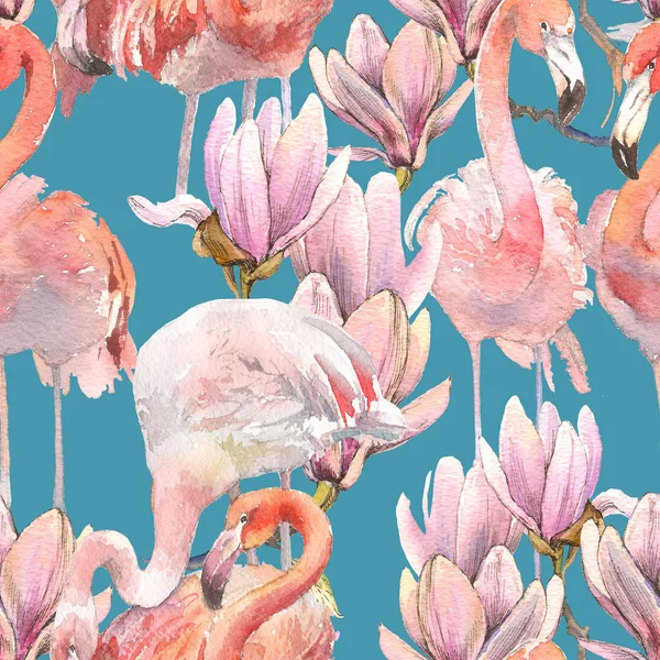 Silhouette tropic exotic animals birds flamingo and magnolia wallpaper. Seamless floral pattern from the composition of trendy pink flamingo and romantic flower hand drawn watercolor art Tropical