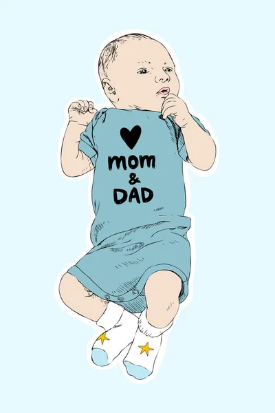 행복 한 아기의 밑그림입니다. 손으로 그린 벡터 라인 아트 그림, 파란색 배경에 고립. 비 사랑 엄마와 아빠와 함께 작업복에의 신생아 가족 개념입니다. 아이 컨셉 — 스톡 벡터