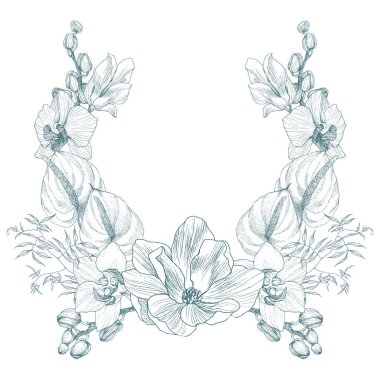 Vintage çerçeve kenarlığı monogram tropikal çiçek süsleme. Oyulmuş retro Manolya, orkide ve anthurium dekoratif tasarım çiçek. Güzel botanik dekoratif unsur için düğün davetiyesi, logo