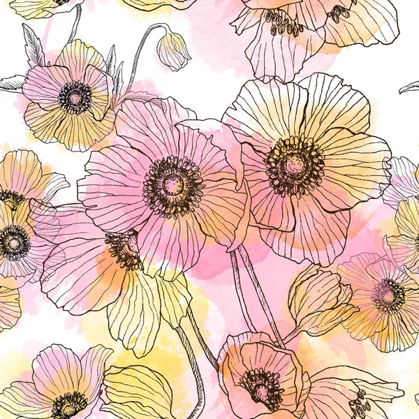 Modello senza cuciture di disegno lineare fiore di Anemone con macchie di acquerello. Illustrazione estiva. Illustrazione in stile inciso a base di erbe. Schizzo botanico dettagliato. Concetto di fiore. Concetto botanico . — Foto Stock