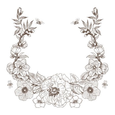 Bağbozumu Victorian çerçeve kenarlığı monogram çiçek süsleme. Oyulmuş retro çiçek dekoratif tasarım. Güzel botanik dekoratif unsur için düğün davetiyesi, logo. Vektör tasarımı
