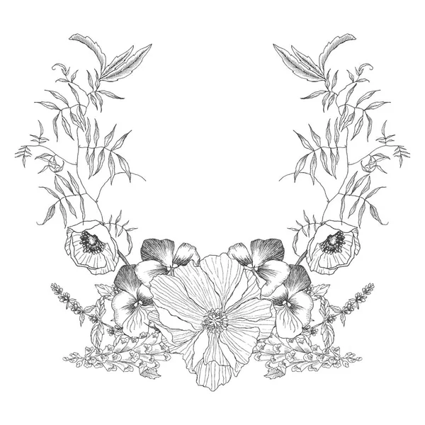 Vintage marco borde monograma ornamento floral. Diseño decorativo de flores retro grabadas. Hermoso elemento decorativo botánico para la invitación de boda, logotipo. Diseño vectorial — Vector de stock