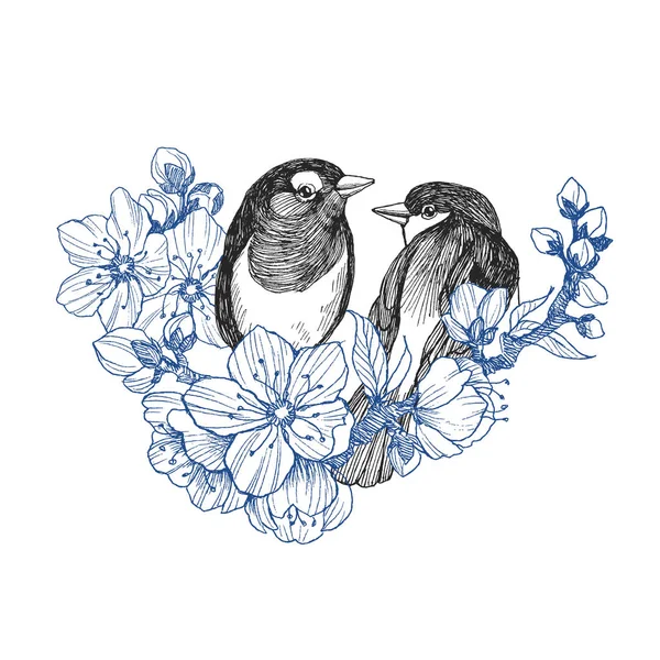 Dos pájaros dibujados a mano en estilo vintage con flores. Pájaros de primavera sentados en ramas en flor. Arte grabado lineal. Concepto Bird. Concepto romántico. Diseño vectorial — Archivo Imágenes Vectoriales