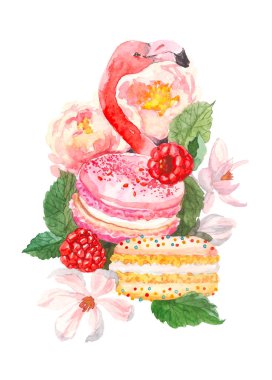 Pembe flamingo ve macaron trendy suluboya resim beyaz arka plan üzerinde. Egzotik sanat arka plan. Tatlı ahududu ve çiçekler, tropik kuş ile çöl. Kumaş, duvar kağıdı, tekstil tasarım ve