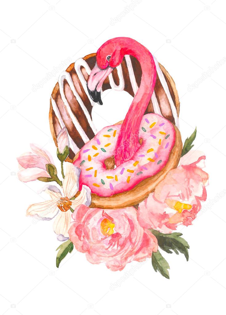 Pink flamingo and donuts trendy watercolor illustration on white background. Exotic art background. Sweet desert with chocolate and flowers, tropical bird. Design for fabric, wallpaper, textile and