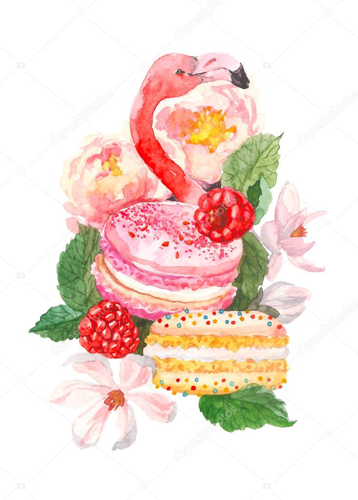 Pink flamingo and macaron trendy watercolor illustration on white background. Exotic art background. Sweet desert with raspberries and flowers, tropical bird. Design for fabric, wallpaper, textile and
