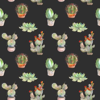 Kaktüs, succulents ve koyu arka plan üzerinde çiçek öğeleri ile Seamless modeli. Vintage suluboya botanik illüstrasyon Tekstil, yazdırma, davet, parti için. Tropikal kavramı.