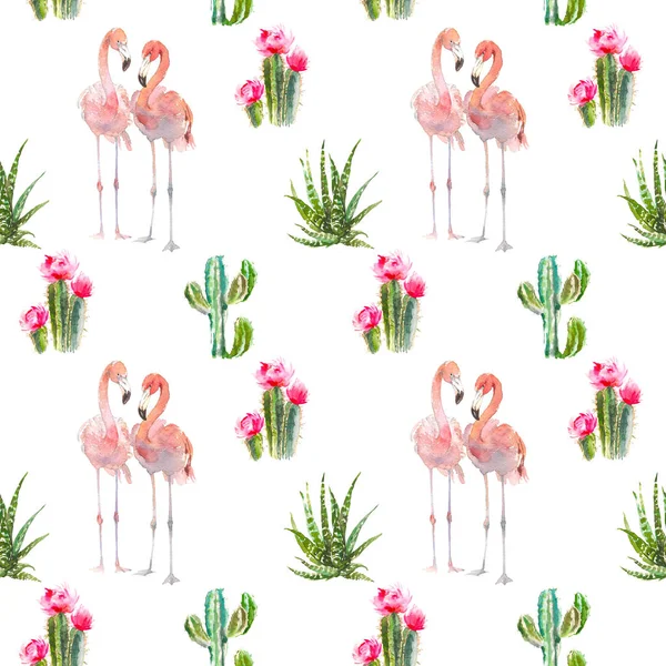 Nahtloses Muster mit tropischem Flamingo, Kakteen, Sukkulenten und floralen Elementen auf weißem Hintergrund. Vintage-Aquarell botanische Illustration für Textilien, Druck, Einladung, Party. tropisch — Stockfoto