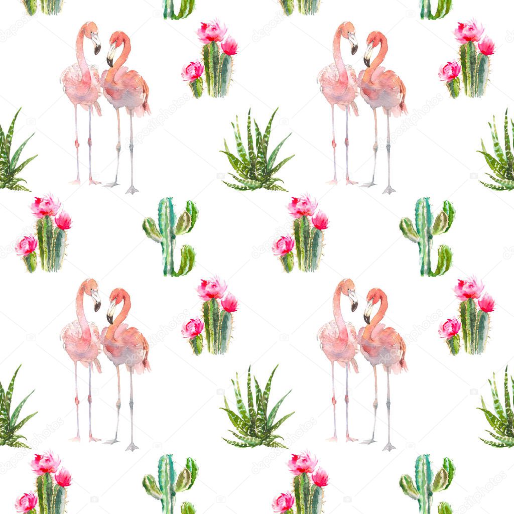 Seamless pattern with tropical bird flamingo, cactus, succulents and floral elements on white background. Vintage watercolor botanical illustration for textile, print, invitation, party. Tropical