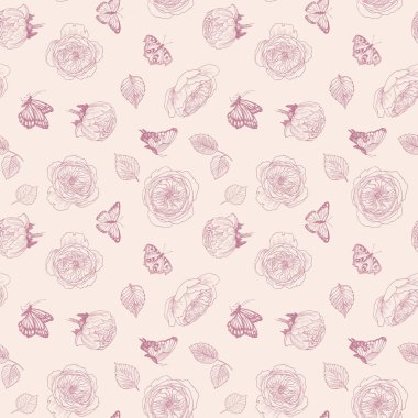 Yaban gülü çiçeği şube ve kelebek seamless modeli. Vintage botanik çizilmiş şekil ver. Bahar çiçekleri bahçe gül, köpek gül. Vektör tasarımı
