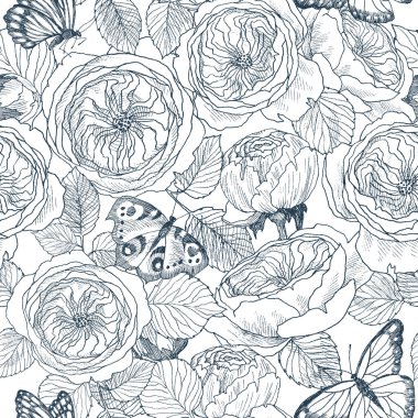 Yaban gülü çiçeği şube ve kelebek seamless modeli. Vintage botanik çizilmiş şekil ver. Bahar çiçekleri bahçe gül, köpek gül. Vektör tasarımı