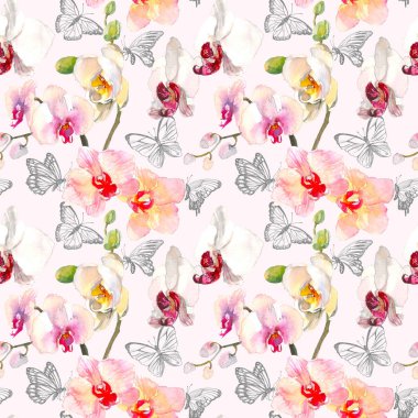 Pembe turuncu orkide çiçekler ile tropikal seamless modeli. Beyaz arka plan üzerinde izole tropic çiçek duvar kağıdı. Egzotik tekstil baskı. Suluboya elle çizilmiş illüstrasyon