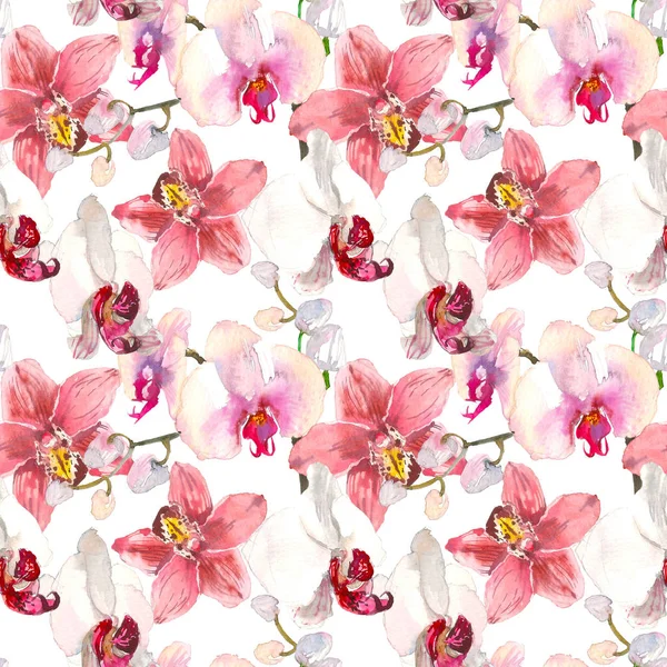 Pembe orkide çiçekler ile tropikal seamless modeli. Beyaz arka plan üzerinde izole tropic çiçek duvar kağıdı. Egzotik tekstil baskı. Suluboya elle çizilmiş illüstrasyon