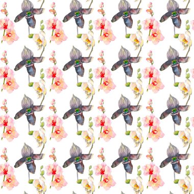 Pembe ve siyah orkide çiçekler ile tropikal seamless modeli. Beyaz arka plan üzerinde izole tropic çiçek duvar kağıdı. Egzotik tekstil baskı. Suluboya elle çizilmiş illüstrasyon