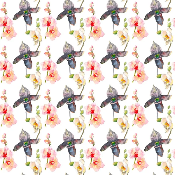 Тропічний безшовний візерунок з квітами рожевих і чорних орхідей. Тропічні квіткові шпалери ізольовані на білому тлі. Екзотичний текстильний принт. Акварель рука намальована ілюстрація — стокове фото