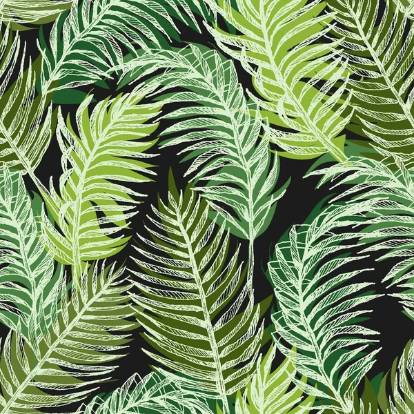 Plantas tropicales patrón de selva sin costura floral. Imprimir vector fondo de la moda verano fondo de pantalla hojas de palma en brillante estilo negro y verde — Archivo Imágenes Vectoriales