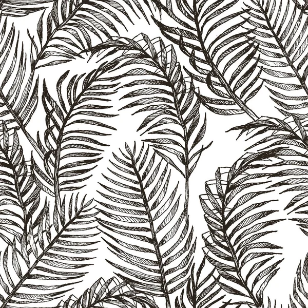 Tropic plants floral seamless jungle pattern. Print vector background of fashion summer wallpaper palm leaves in black and white gray style — Stock Vector