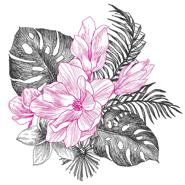 Mão flores desenhadas e folhas de plantas tropicais palma. Objeto exótico ilustração floral isolado em fundo branco. Ilustração botânica altamente detalhada. Magnólia, monstera — Vetor de Stock