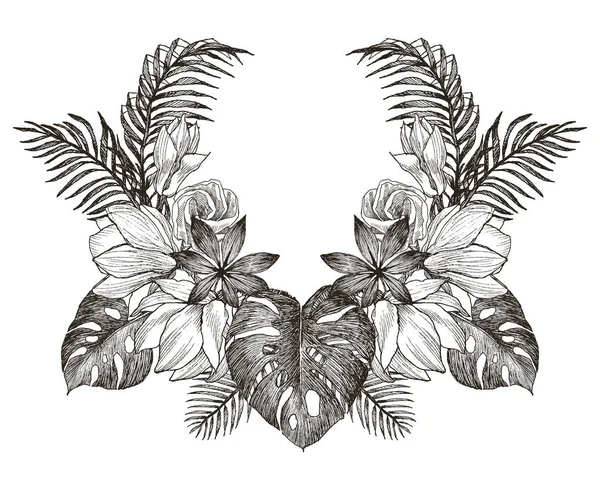 Vintage marco borde monograma tropical ornamento floral. Diseño decorativo de flores retro grabadas. Hermoso elemento decorativo botánico para invitación a la boda, logotipo, tatuaje. Diseño vectorial — Archivo Imágenes Vectoriales