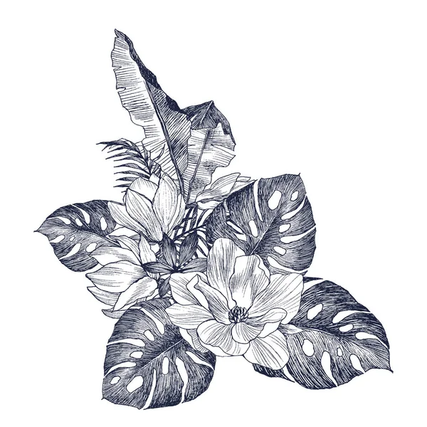 Fiori disegnati a mano e foglie di palma di piante tropicali. Oggetto esotico illustrazione floreale isolato su sfondo bianco. Alta illustrazione botanica dettagliata. Magnolia, monstera — Vettoriale Stock