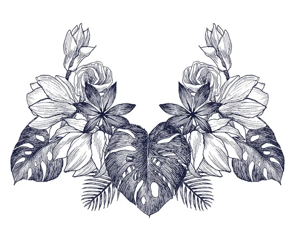 Vintage marco borde monograma tropical ornamento floral. Diseño decorativo de flores retro grabadas. Hermoso elemento decorativo botánico para invitación a la boda, logotipo, tatuaje. Diseño vectorial — Vector de stock