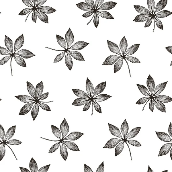 Plantas tropicales florales sin costura patrón de aralia selva. Imprimir vector fondo de la moda verano fondo de pantalla hojas de palma en estilo gris blanco y negro — Vector de stock