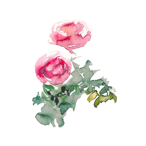 Bouquet with pink roses and green leaves on the white background. Watercolor romantic garden flowers sketch. Card template with message Summer. — Stock Photo, Image