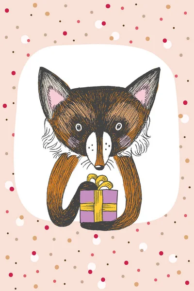 かわいいキツネのグリーティング カードのデザインは、贈り物を保持します。面白い動物とドットの背景誕生日招待状のテンプレートです。赤ちゃんの誕生日、パーティ、招待状。ベクター デザイン — ストックベクタ