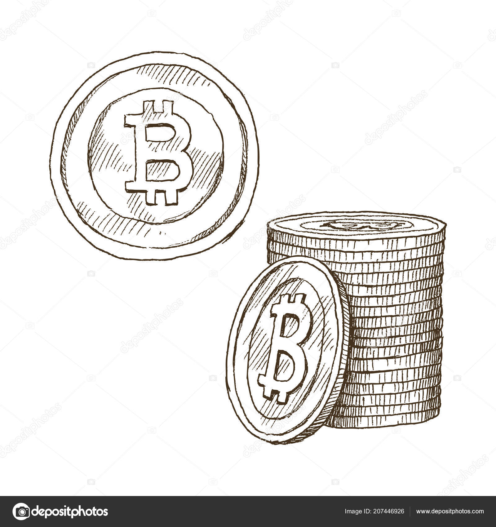 격리 된 흰 바탕에 동전의 아이콘 낙서 Cryptocurrency bitcoin입니다. 통화 기호는 손에 스케치 스타일을 그려. 벡터  일러스트입니다. 비즈니스, 경제 개념. 스톡 벡터 - ©ledepict.gmail.com 207446926