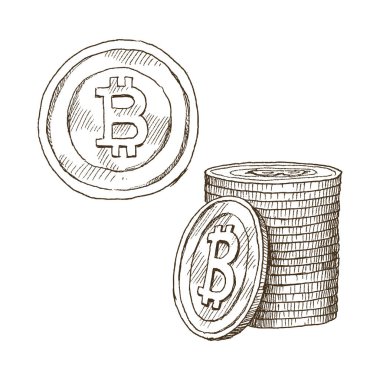 Doodle simgeler sikke izole beyaz arka plan üzerinde. Cryptocurrency bitcoin. Para birimi sembolleri el kroki tarzı çizilmiş. Vektör çizim. İş, ekonomi kavramı.