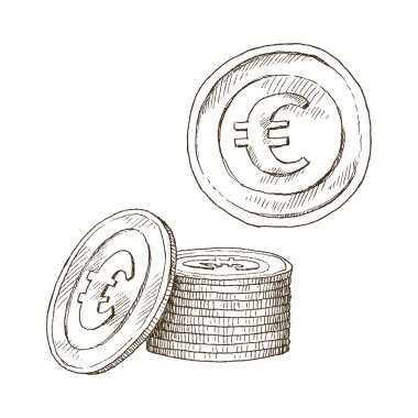 Doodle simgeler sikke izole beyaz arka plan üzerinde. Para euro. Para birimi sembolleri el kroki tarzı çizilmiş. Vektör çizim. İş, ekonomi kavramı.