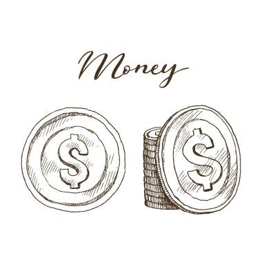 Doodle simgeler sikke izole beyaz arka plan üzerinde. Para dolar. Para birimi sembolleri el kroki tarzı çizilmiş. Vektör çizim. İş, ekonomi kavramı.