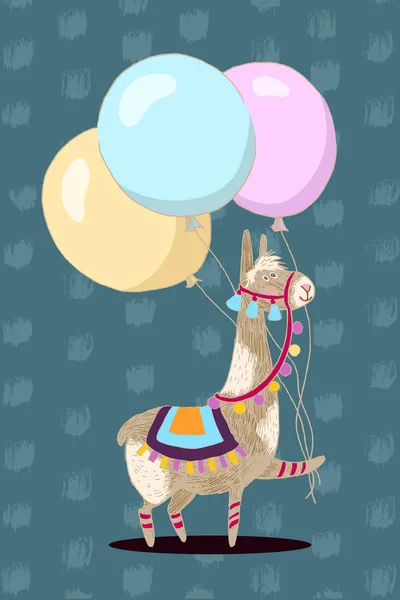 Grußkarten-Vektordesign. fröhliches Lama mit drei Luftballons. Happy Birthday Einladungsvorlage mit lustigem Tier- und Punktehintergrund. für Babygeburtstag, Party, Einladung. — Stockvektor