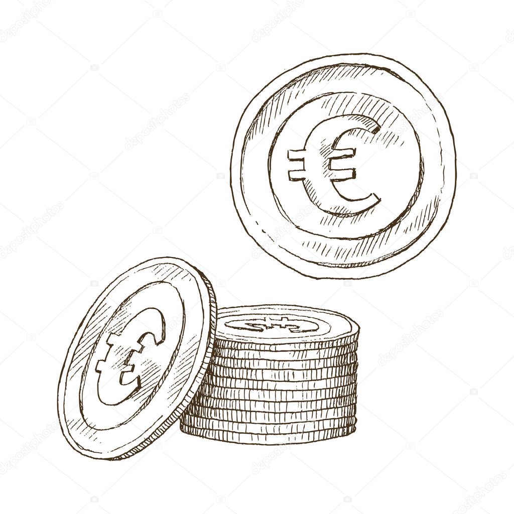 Doodle icons of coins on the isolated white background. Money euro. Symbols of currencies in hand drawn sketch style. Vector illustration. Business, economy concept.