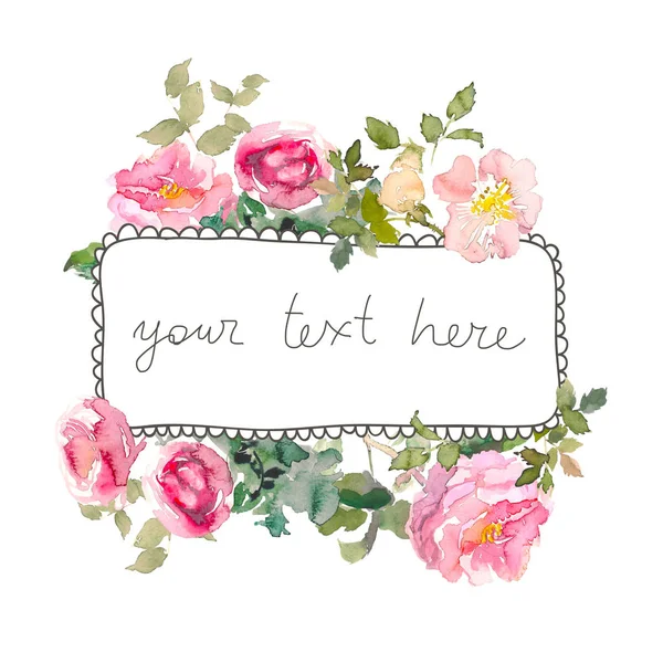 Aquarellrahmen mit Rosen, kann als Einladungskarte für Hochzeit, Geburtstag und andere Feiertage und Sommer Hintergrund verwendet werden. handgezeichnete Illustration. Platz für Text — Stockfoto