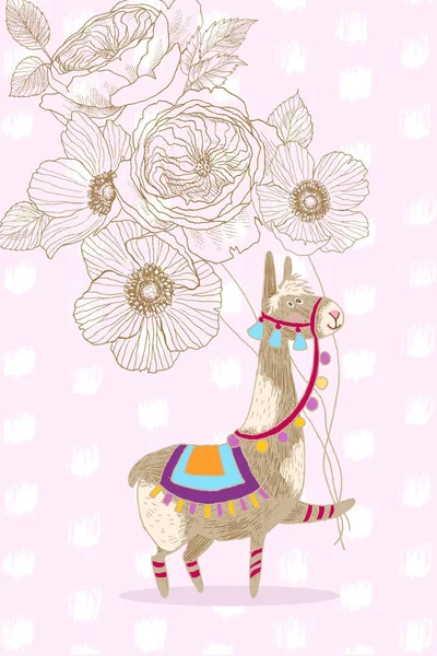 Grußkarten-Vektordesign. fröhliches Lama mit Anemone und Rosenblüten. Happy Birthday Einladungsvorlage mit lustigem Tier- und Punktehintergrund. für Babygeburtstag, Party, Einladung. — Stockvektor