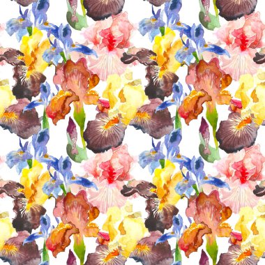 Dikişsiz desen suluboya Iris çiçek. Çizilen illüstrasyon kroki tarzı burgundi, sarı ve mavi Iris için tebrik kartları, davetiyeler ve diğer yazdırma projeleri ile el.