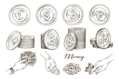 İzole beyaz arka plan üzerinde sikke simge kümesi. Banka notlar doları, banknot euro, Rublesi, bitcoin. Para birimi sembolleri el kroki tarzı çizilmiş. Vektör çizim. İş, ekonomi